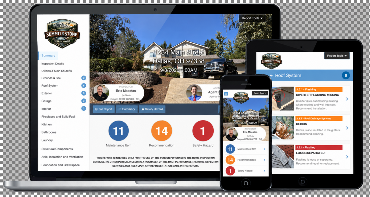 Summit & Stone sample home inspection report displayed on computer, tablet, and phone